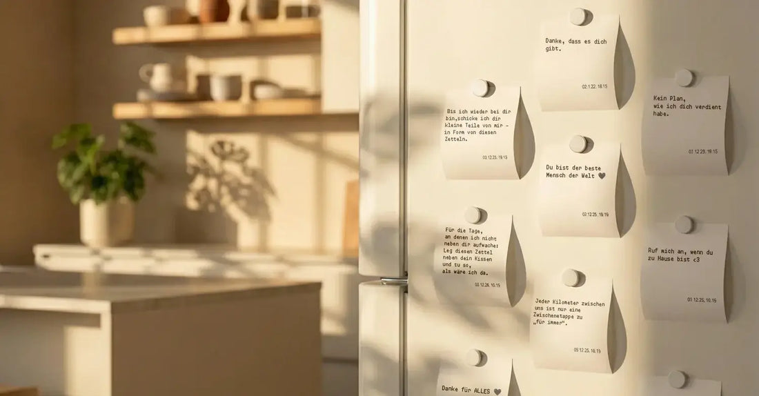 Liebesbotschaften: Kühlschrank voller gedruckter Lovetales-Nachrichten