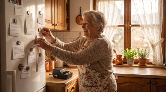 Geschenk für Oma: Großmutter hängt gedruckte Nachricht vom Enkel an den Kühlschrank